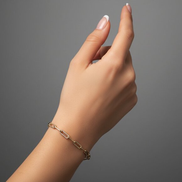 Paperclip Diamond Crafted 14K (or 18k upon request) Gold Link Bracelet - Picture 5 of 5